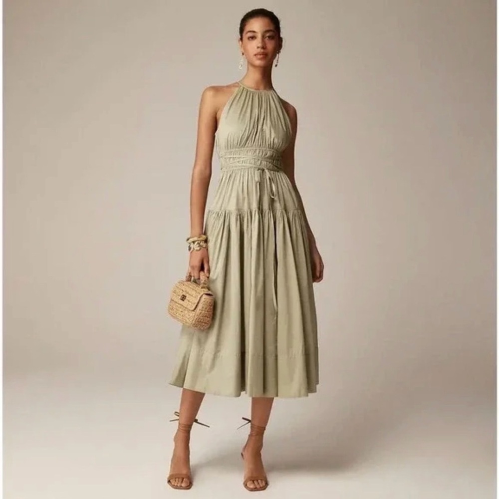 J. Crew Tie Waist Halter Midi Dress Pale Surplus Green A Line Tiered XS - Picture 7 of 9